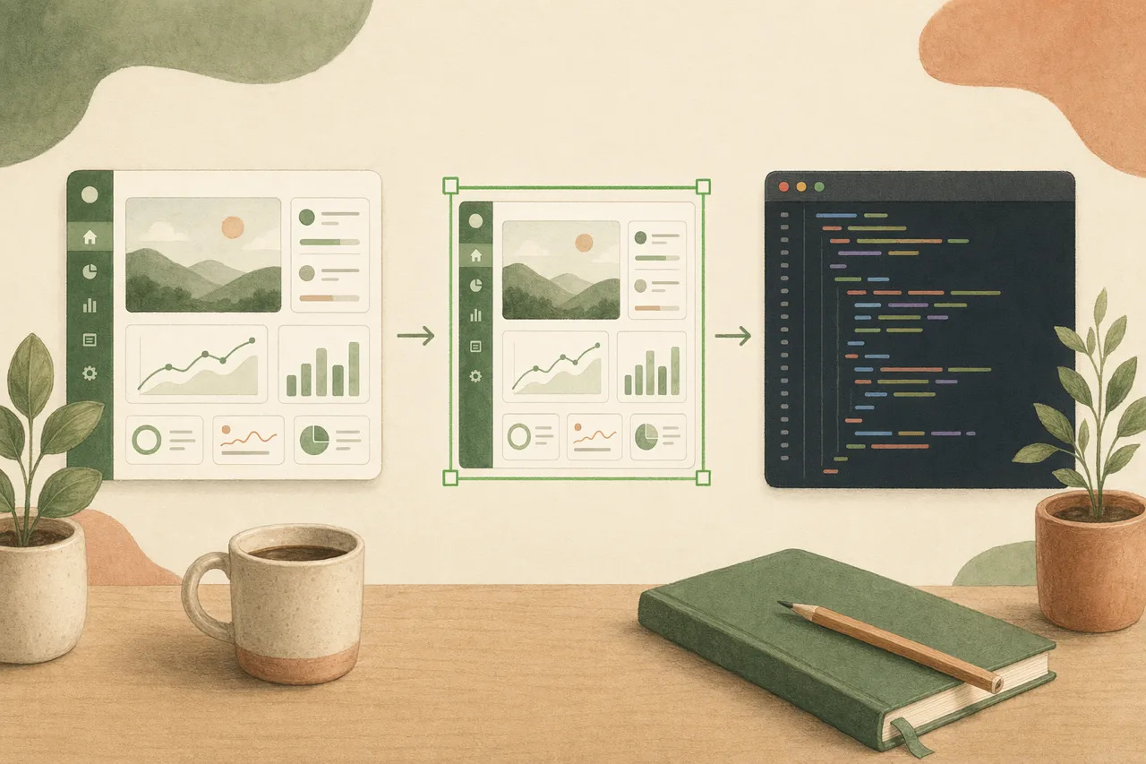 Editorial illustration of a design turning into clean production code, framed by a green selection box