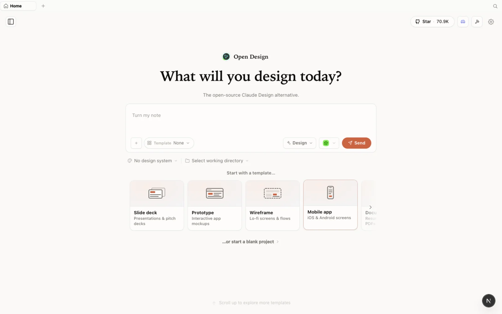 La home page di OpenDesign — un'alternativa a Claude Design open source, locale e agent-native.